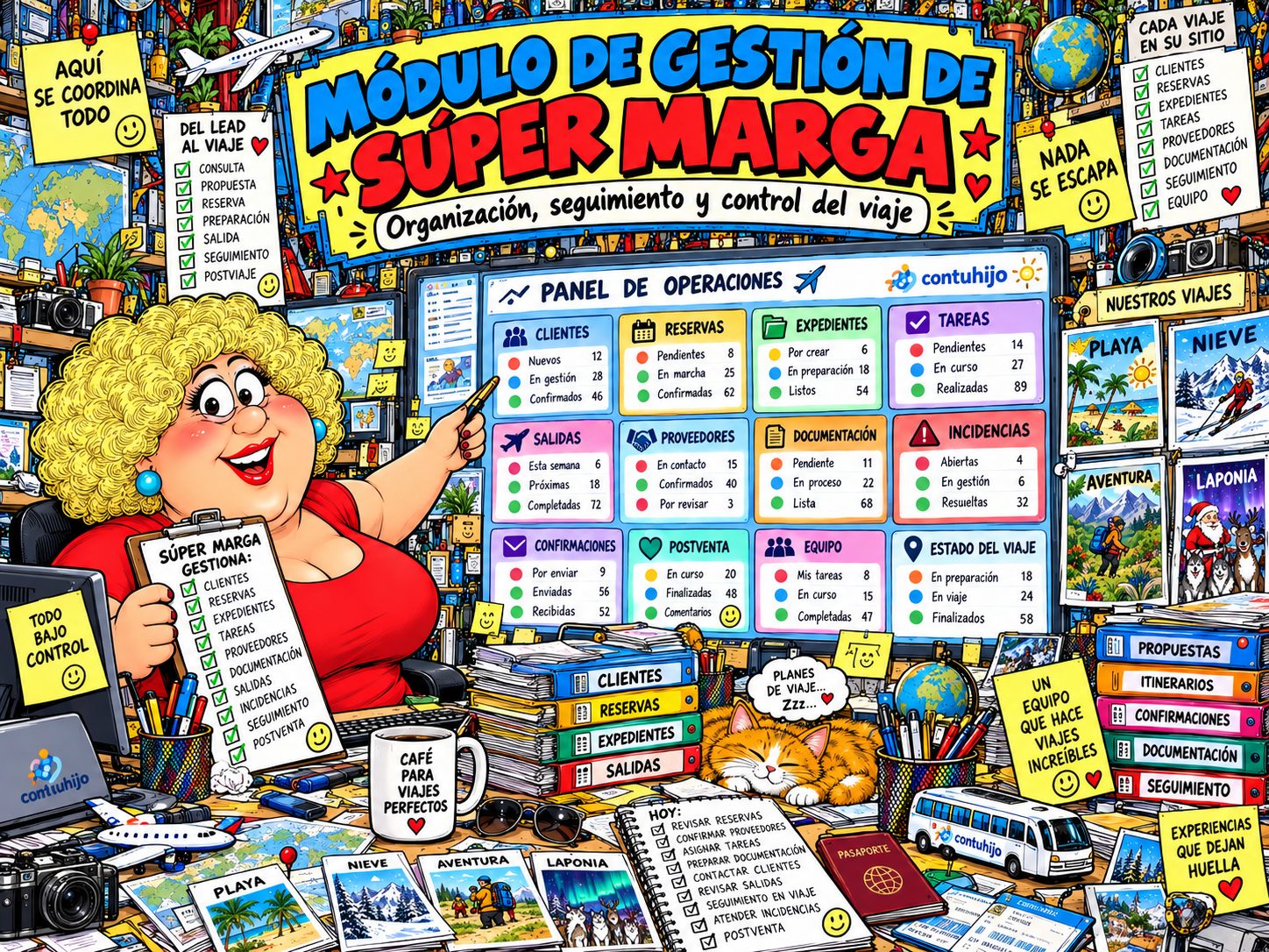 Súper Marga en su oficina con el panel de gestión de viajes